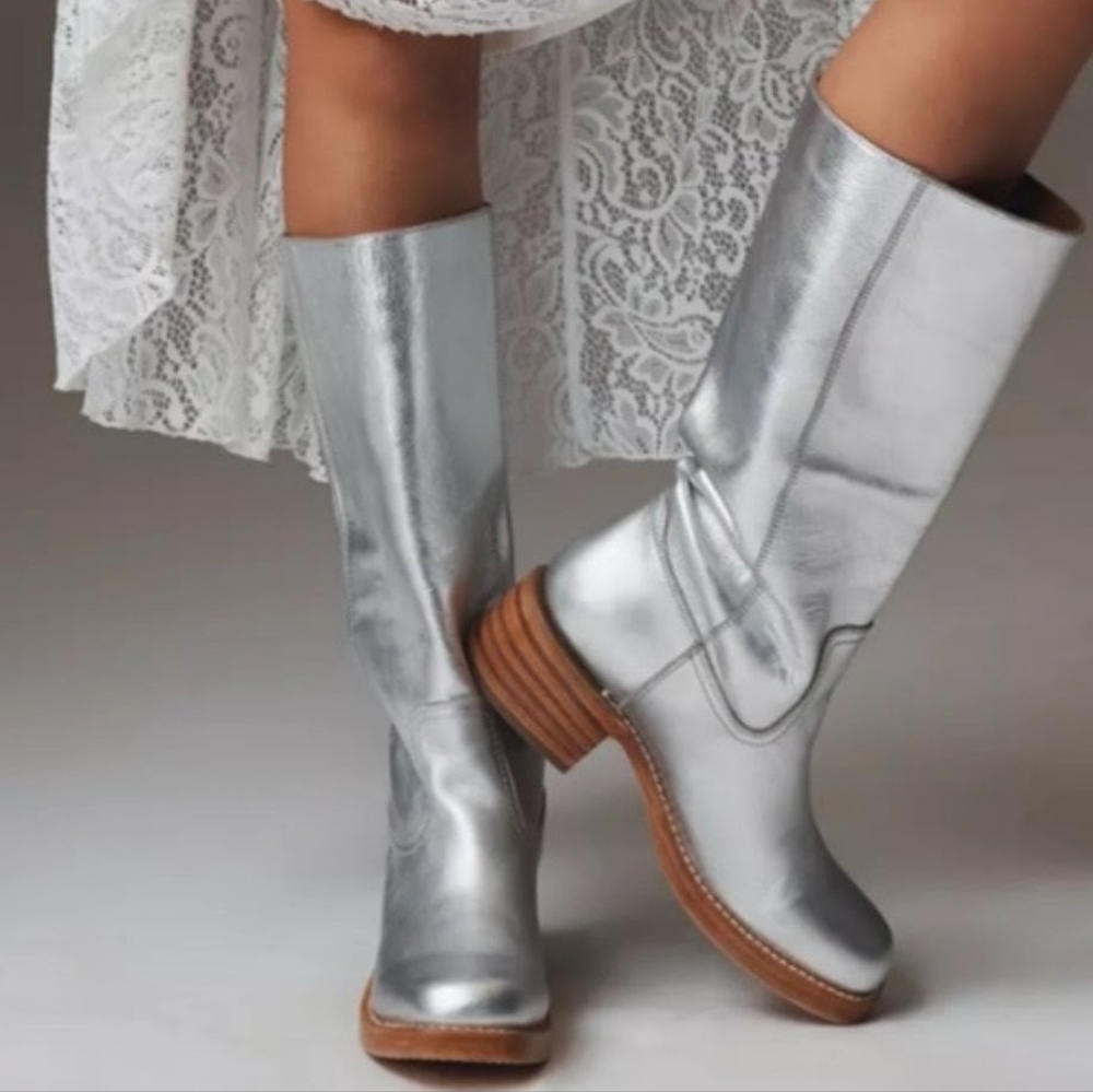 Frye Campus Silver Leather Boots Size 8.5 - Picture 16 of 16